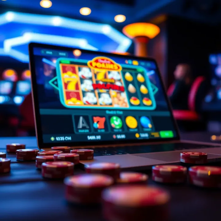 Digital interface displaying online pokies games on a laptop screen with casino elements