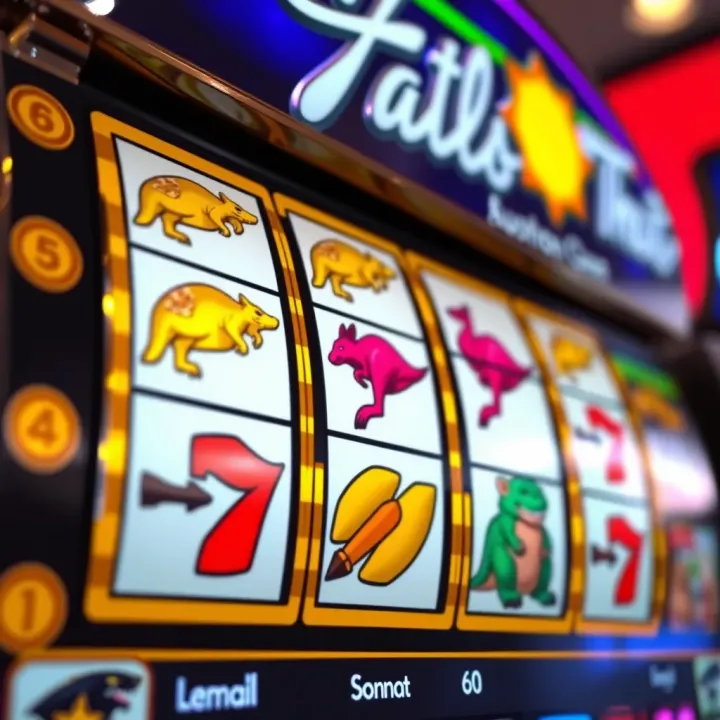 Australian Online Pokies Featuring Iconic Symbols Colourful slot machine reels displaying Australian themed symbols such as kangaroos and boomerangs
