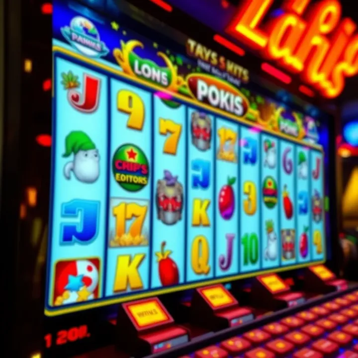 Colorful online pokies interface showing reels with various themed symbols and bonus features