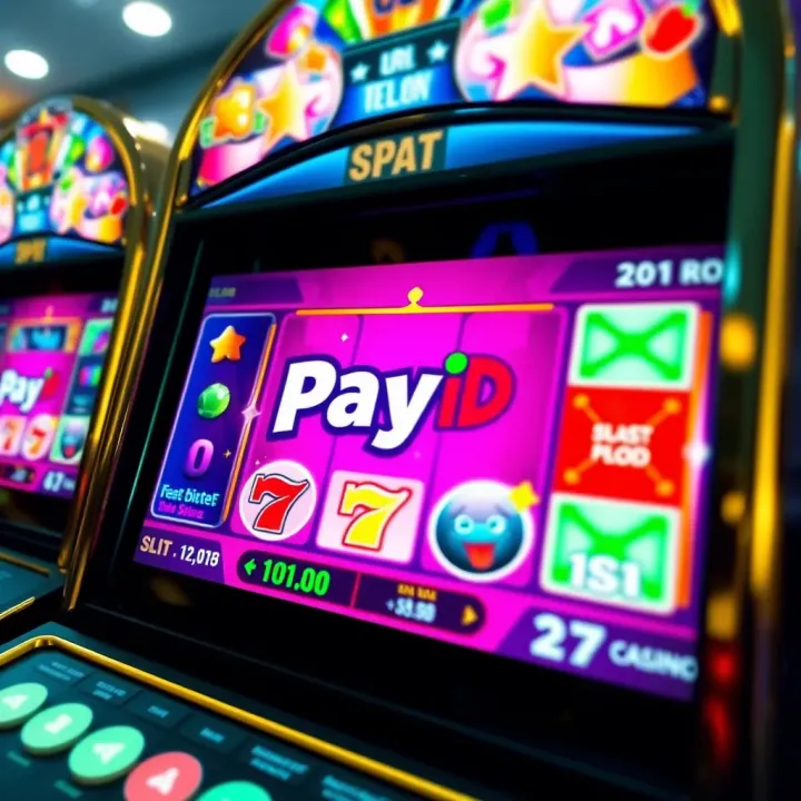 Colorful online slot machine screen with PayID payment icon and casino tokens