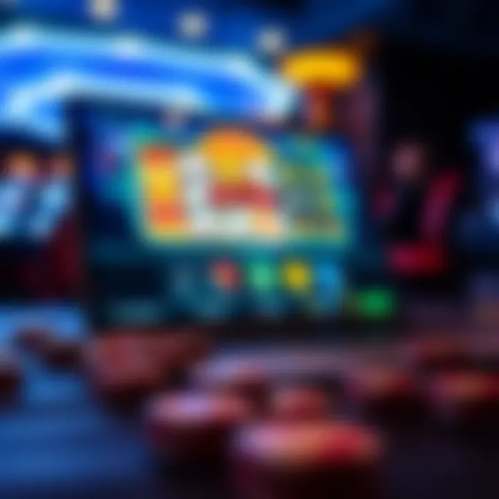 Digital interface displaying online pokies games on a laptop screen with casino elements