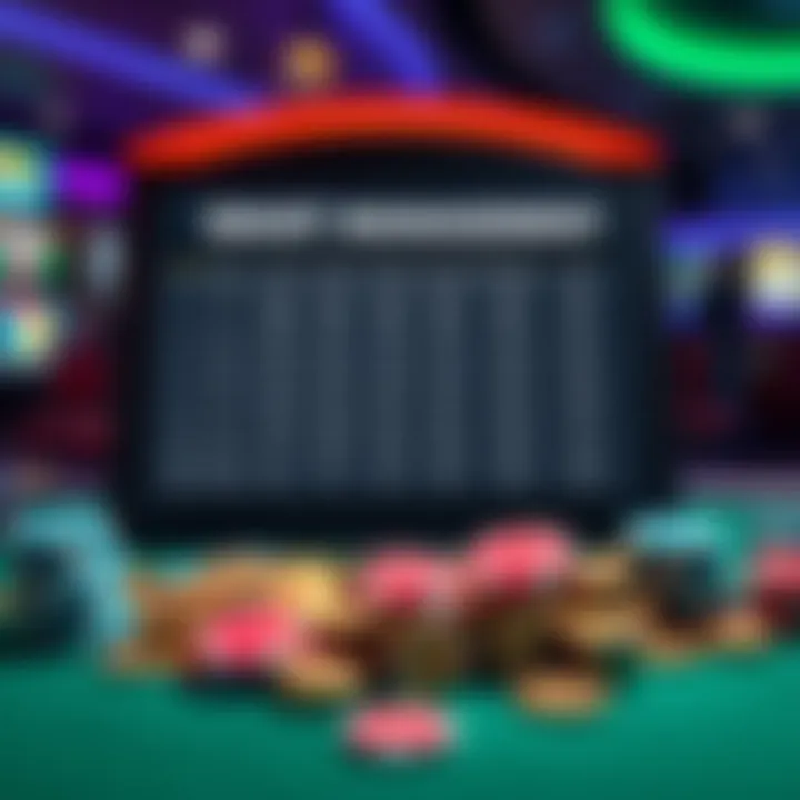 Illustration of virtual casino environment with poker chips, coins, and a digital money management chart