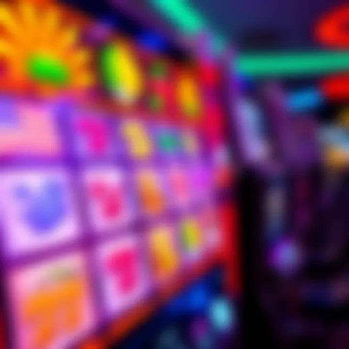 Bright and colorful online slot machine interface with vibrant symbols and spinning reels
