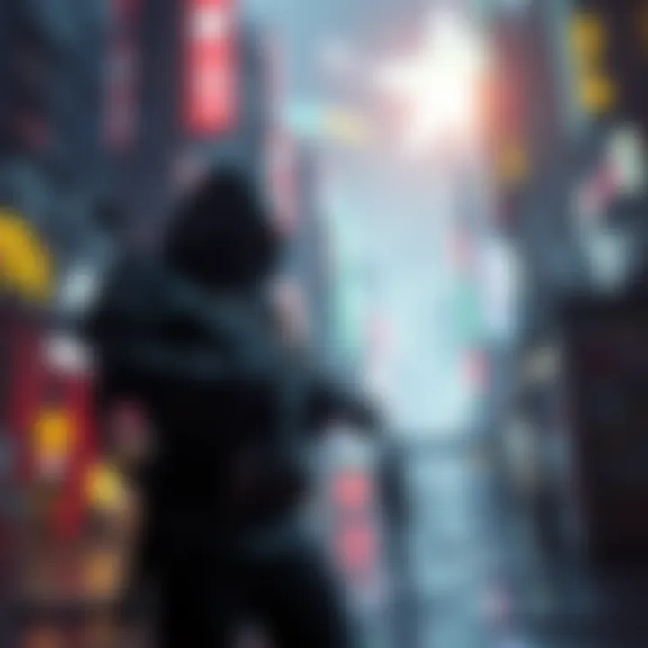 Dark futuristic cityscape with neon lights highlighting a character wielding advanced weaponry