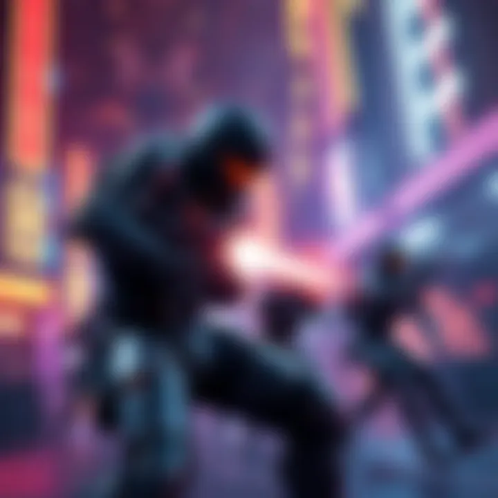 Futuristic combat scene featuring a heavily armored protagonist battling robotic enemies in a neon-lit sci-fi environment