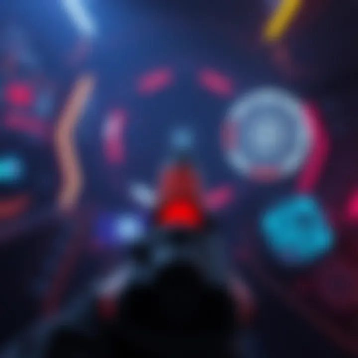Stylized depiction of a high-tech weapon and digital HUD elements highlighting gameplay mechanics within a dark, space-themed setting