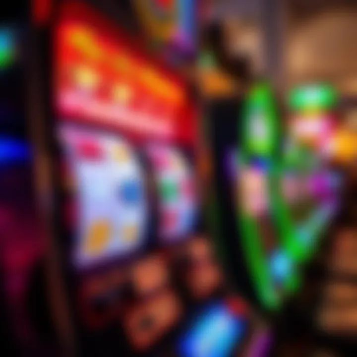 Close-up view of a colorful pokies machine with spinning reels displaying various symbols