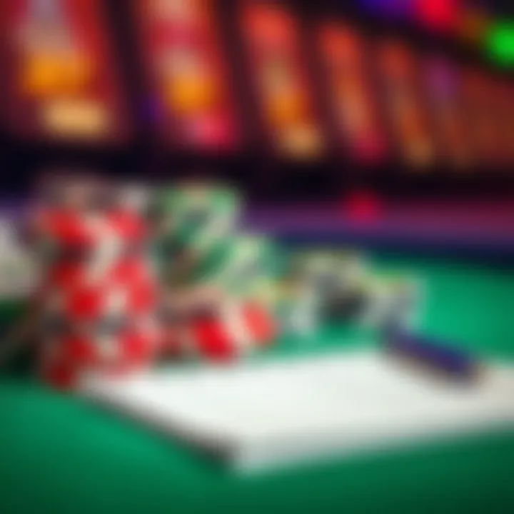 Illustration of poker chips stacked neatly alongside a budget notebook and pen for bankroll management