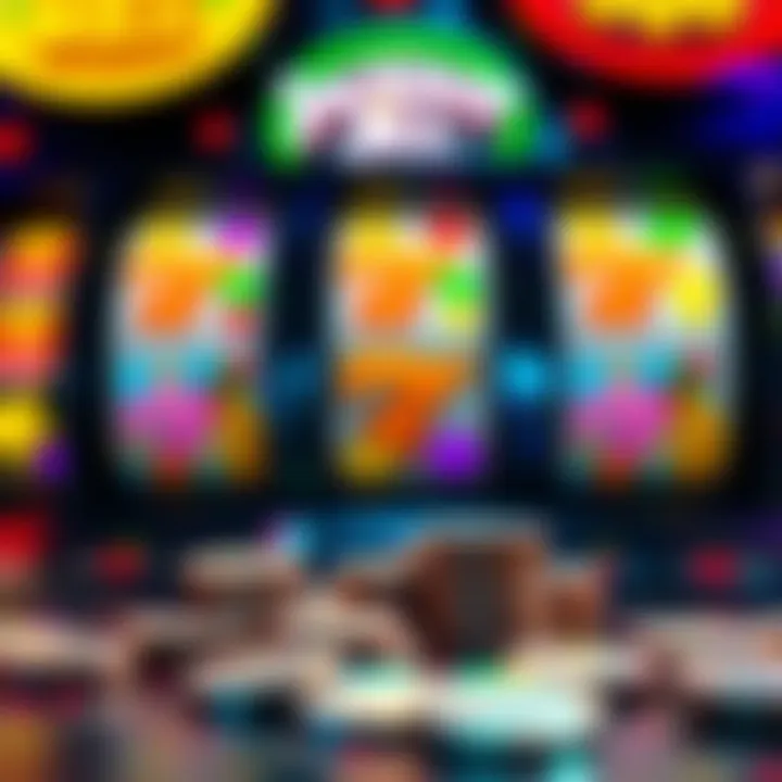 Colorful slot machine reels with vibrant symbols and jackpot coins