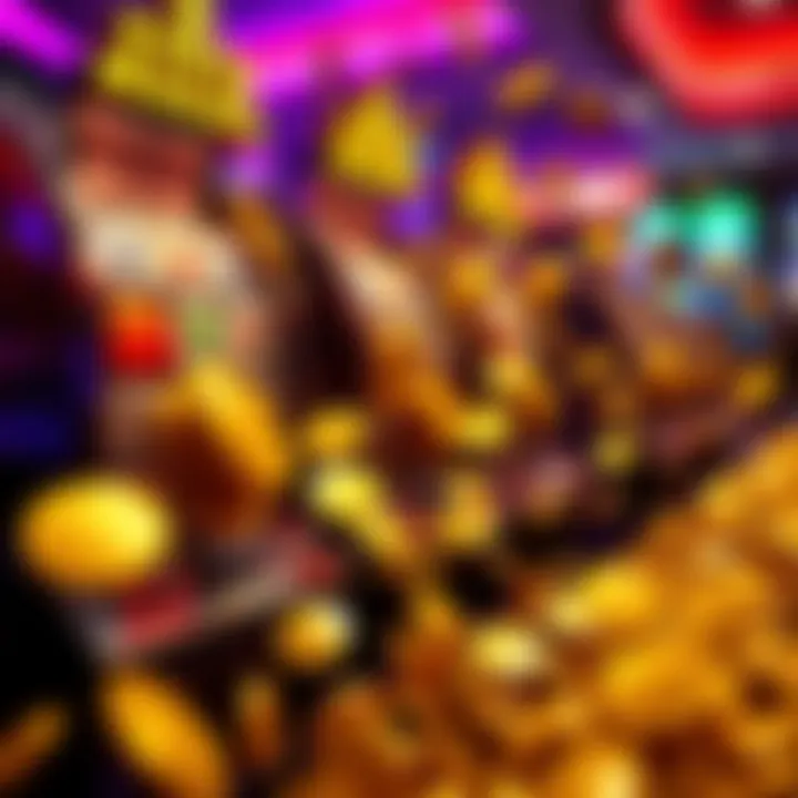 Illustration of spinning reels and jackpot coins cascading to represent winning big prizes in Jackpot Jill Live