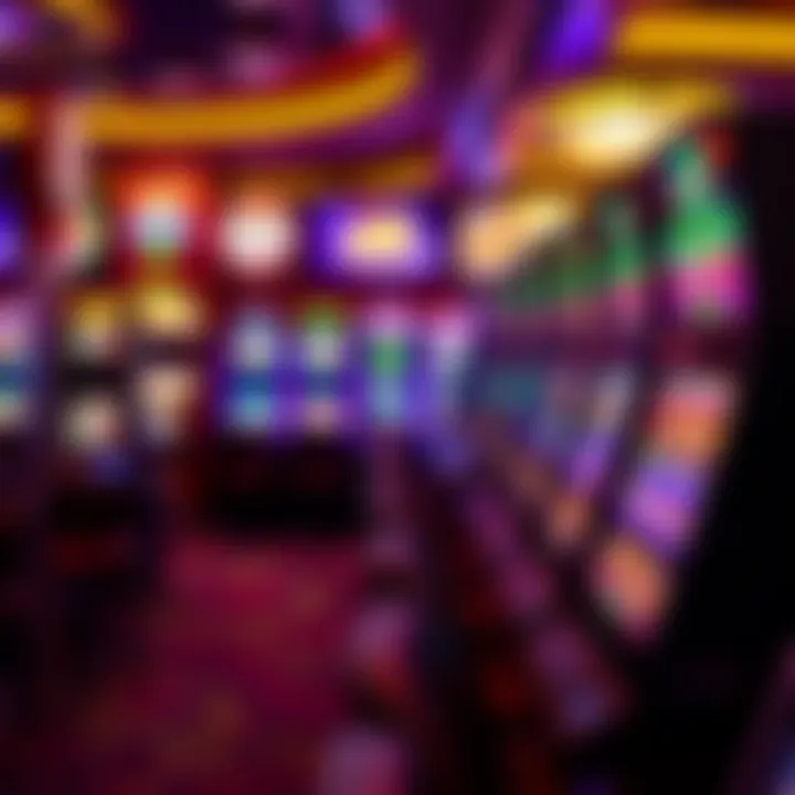 Colorful slot machines lining the casino floor with vibrant lights and digital displays