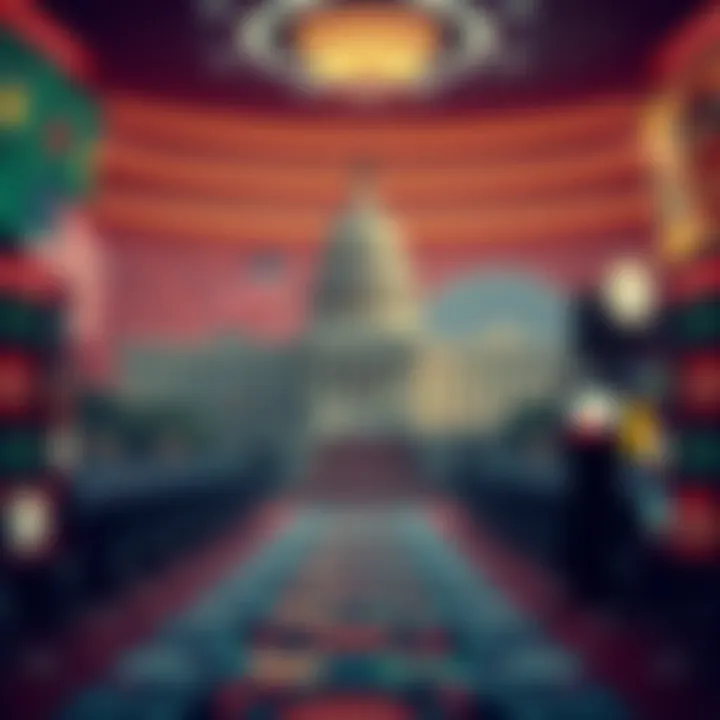 Illustration depicting the national casino lobby's influence on government policy with symbolic buildings and legislative icons