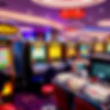 Colorful online casino game interface with vibrant slot machines and card games