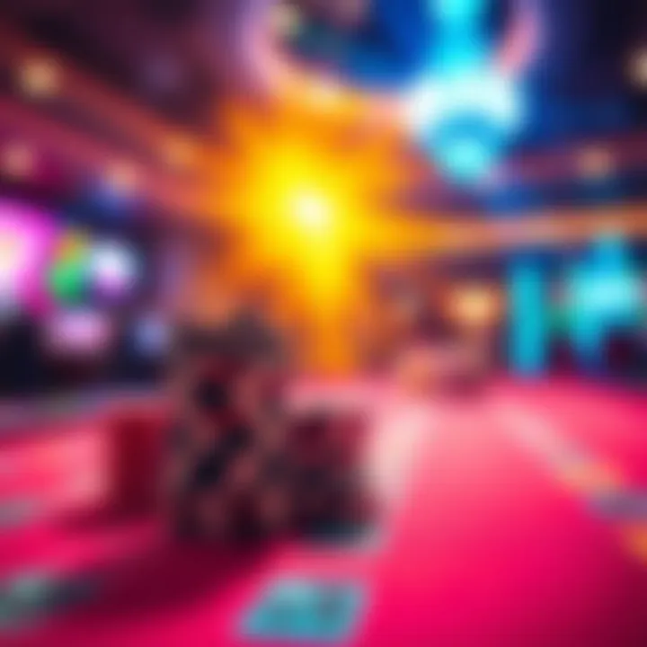 Bright casino chips stacked on a vibrant table illuminated by colorful lights