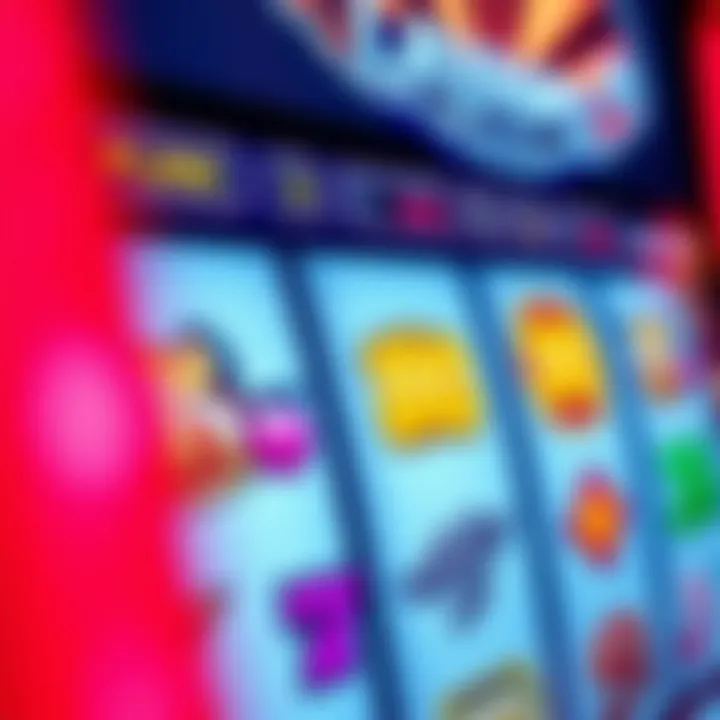 Close-up of a digital slot machine screen featuring lively symbols and spinning reels