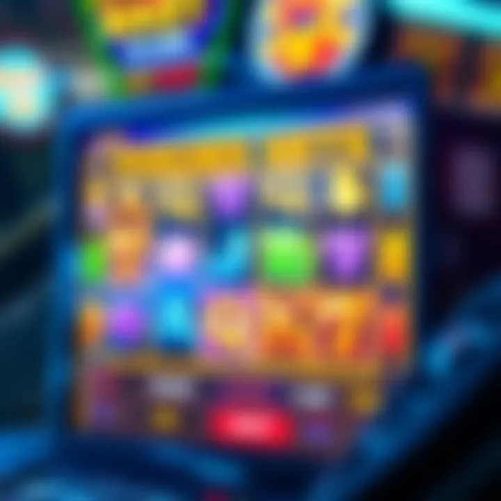 Colorful online slot game screen showing various symbols and paylines