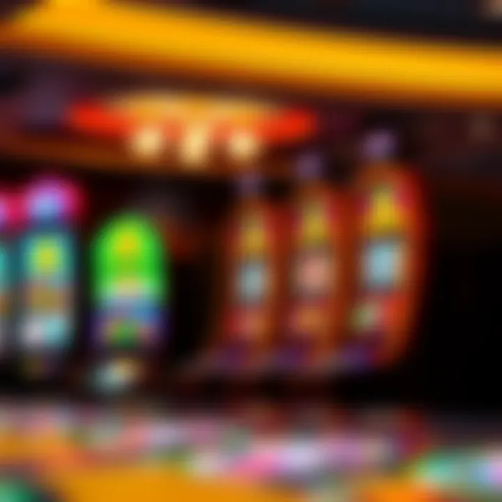 Variety of Slot Games at Ricky Casino Colorful slot machine reels displaying various symbols and bright lights in a casino setting