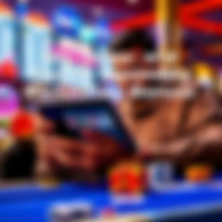 Illustration of a player reviewing terms and conditions on a digital device with casino elements