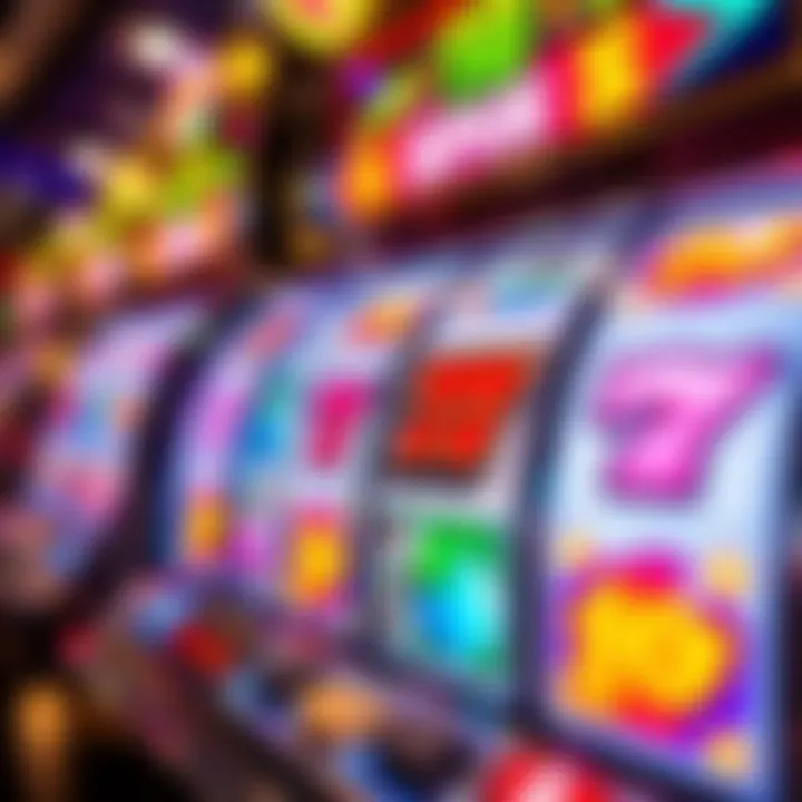 Colorful slot machine reels spinning with vibrant symbols and coins