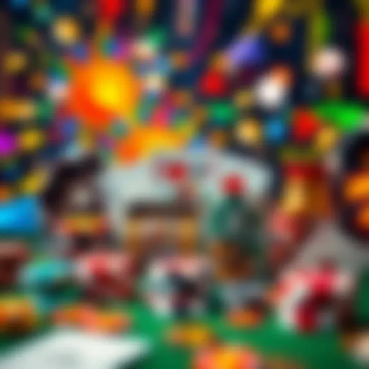 Variety of casino game icons including slots, poker chips, and card games against a dynamic digital background