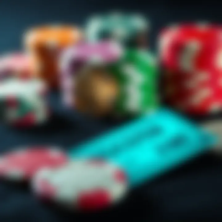 Colorful casino chips and a glowing promo code voucher on a dark background