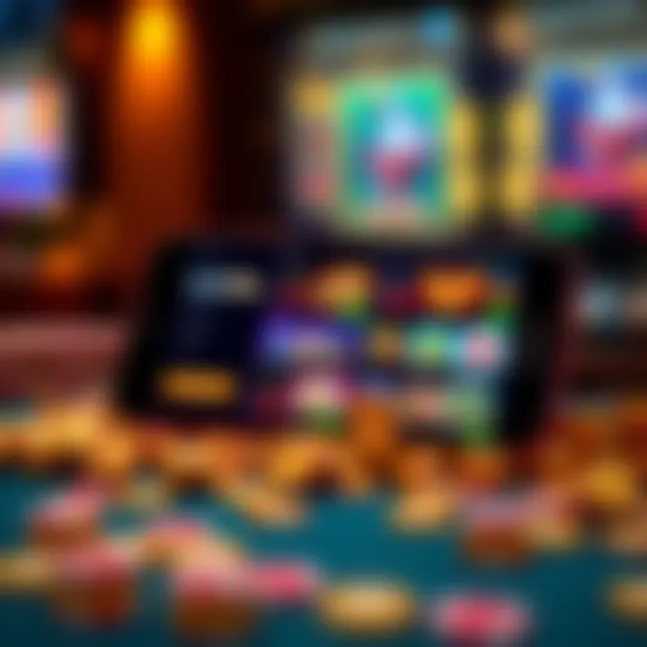 Mobile phone displaying a vibrant Rocketplay Mobile Casino interface with colorful game icons and navigation options