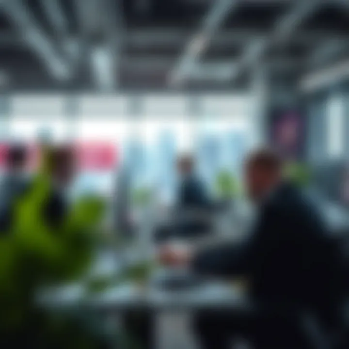 Modern office space with gaming development team collaborating on new features