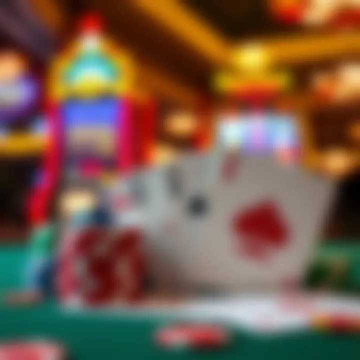Colorful casino chips and playing cards with glowing slot machine in the background