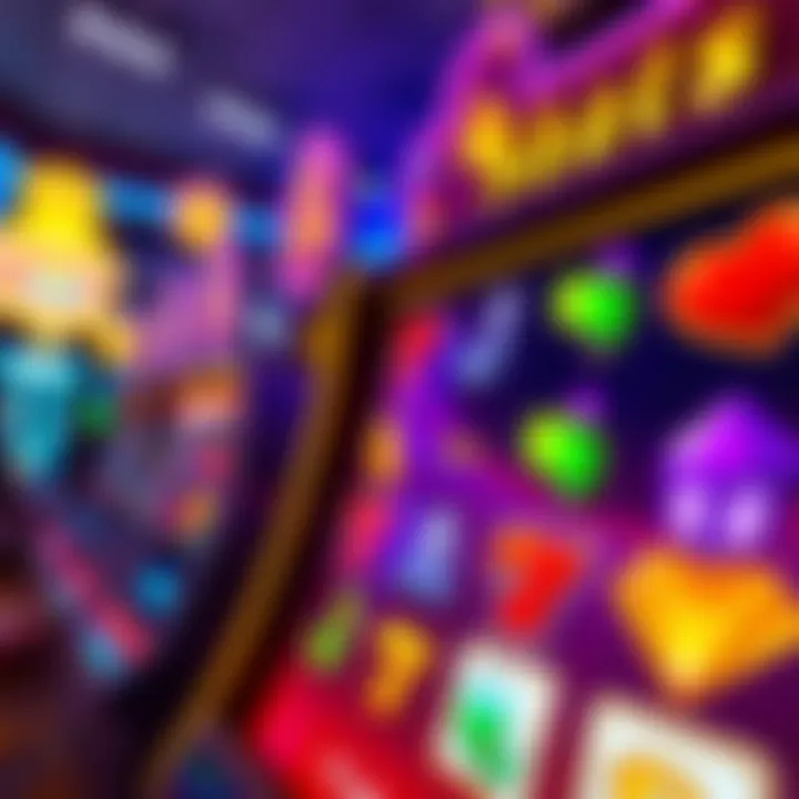 Colorful slot machine interface with vibrant symbols and a glowing jackpot display