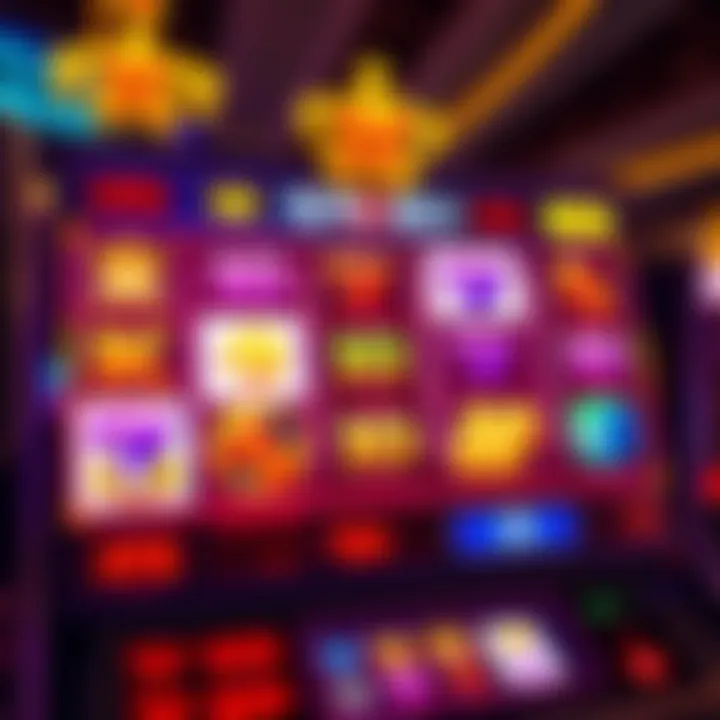 Colorful slot machine reels displaying vibrant symbols and bonus icons in an engaging casino game interface
