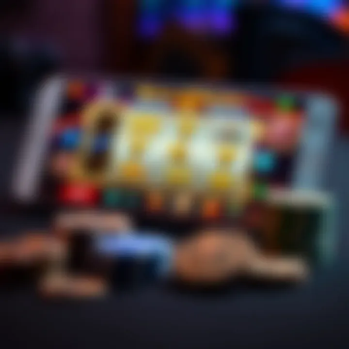 Graphic illustration of bankroll management with coins and casino chips next to a mobile device displaying Royal Reels Down game