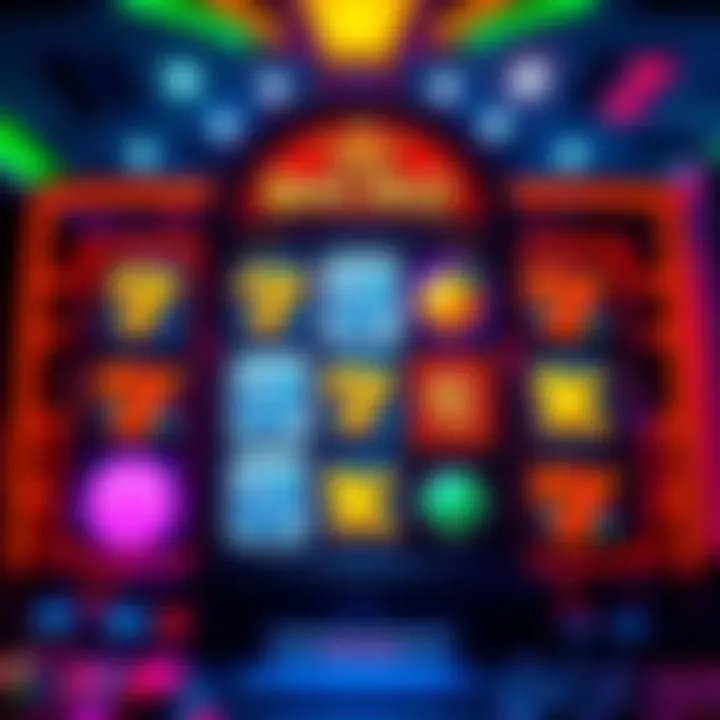 Colorful slot machine reels displaying various classic symbols with vibrant lighting