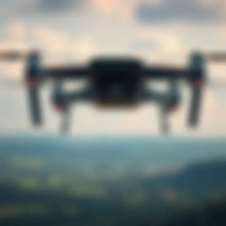 Unmanned aerial vehicle hovering over a landscape with its design features clearly visible