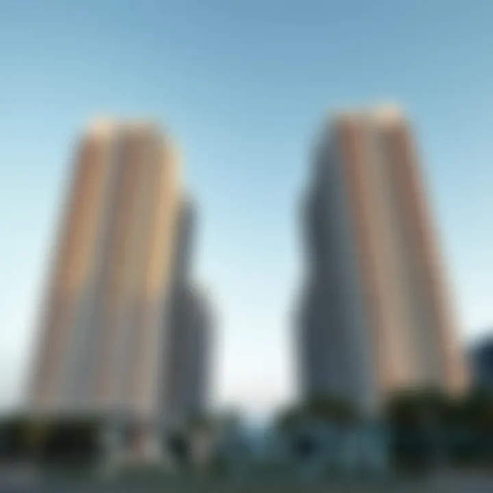 Modern residential towers of SkyCrown Nicosia showcasing sleek architectural design against a clear sky