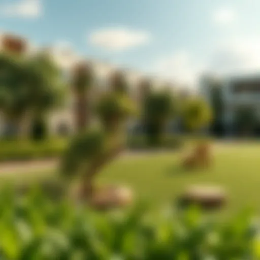 Lush green outdoor spaces and recreational amenities within the SkyCrown residential complex
