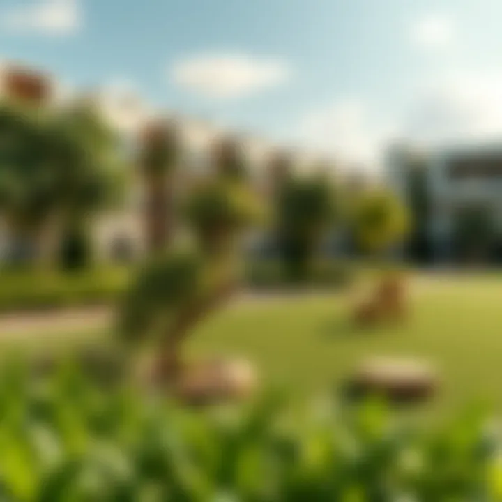 Lush green outdoor spaces and recreational amenities within the SkyCrown residential complex
