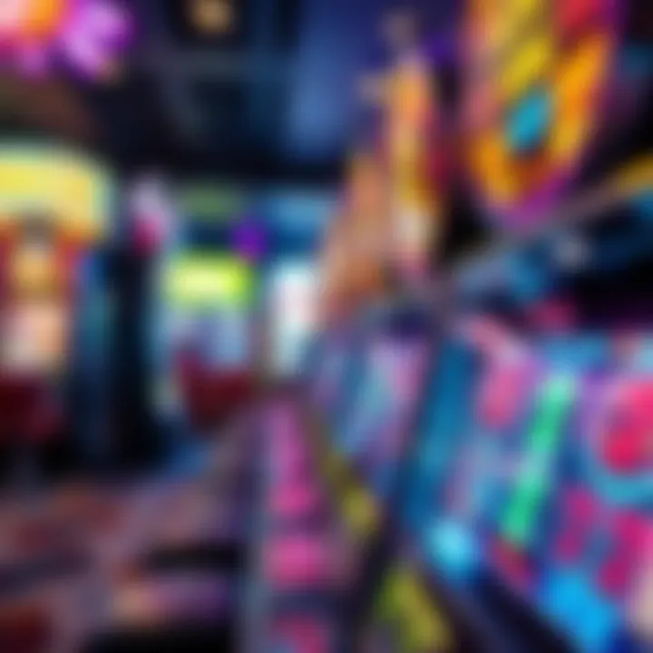 Close-up view of a colorful electronic slot machine with spinning reels and bright lights in a casino