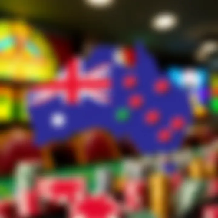 Overview of Pokies Betting Regulations Across Australia Illustration showing an Australian map with poker chips and coins representing legal pokies betting regions