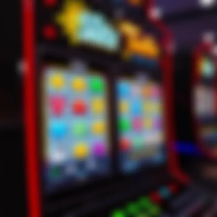 Colorful digital slot machine interface with various symbols and paylines glowing