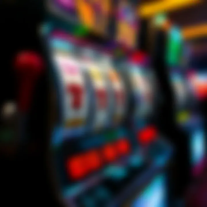 Close-up of a classic pokies slot machine with colorful reels and bright lights