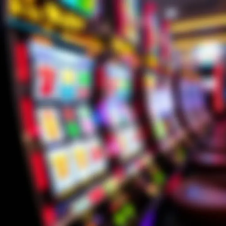 Colorful slot machine reels with various symbols and vibrant lights