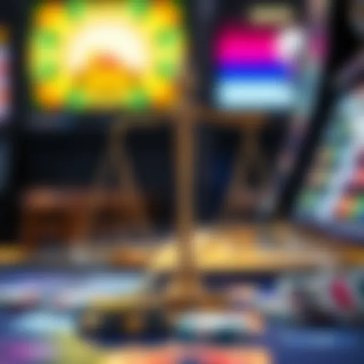 Graphical illustration of legal scales and responsible gaming icons representing regulation and player safety