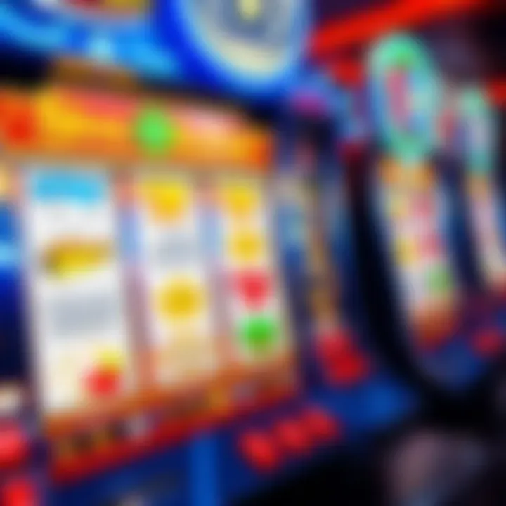 Colorful virtual pokies game interface showing reels with various symbols and payout information