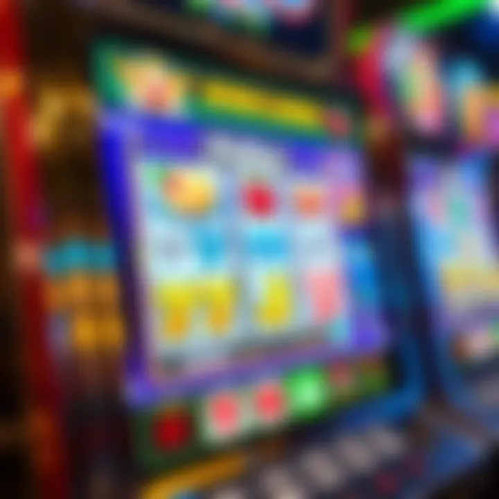 Virtual Slot Machine Display Highlighting Bonus Features Colorful virtual slot machine interface showing various symbols and payout options