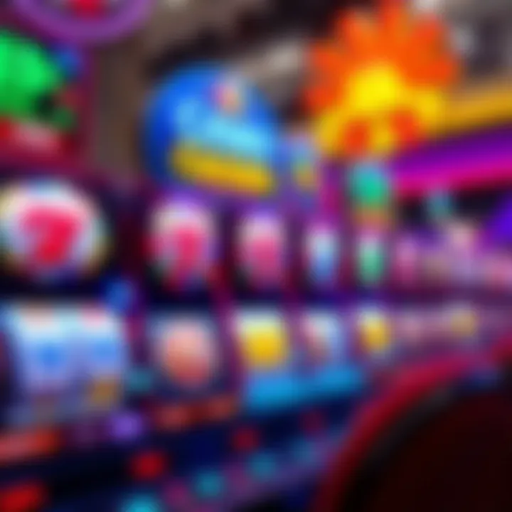 Colorful online pokies game interface with spinning reels and various symbols