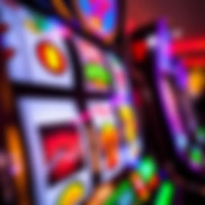 Close-up view of a vibrant slot machine display with spinning reels and colorful symbols