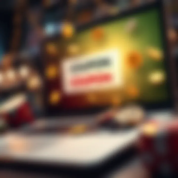 Digital Coupon Code and Casino Icons Representing Free Code Offers Illustration of a digital coupon code emerging from a laptop screen with casino-themed icons surrounding it