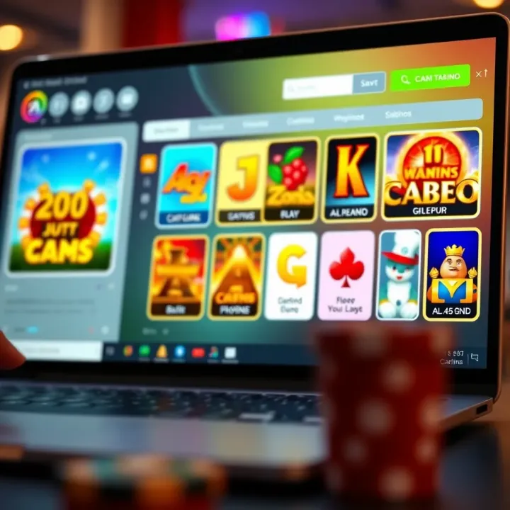 Digital interface displaying various casino game icons and payment methods on a laptop screen
