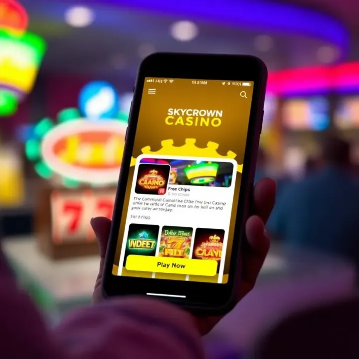 Close-up of a smartphone displaying Skycrown Casino app with free chips offer highlighted