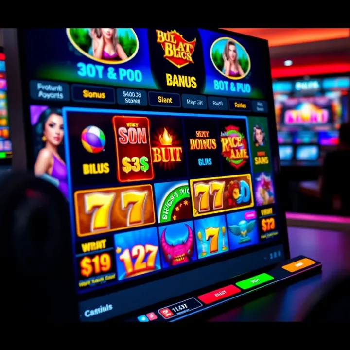 Colorful online casino interface showing slot games and bonus offers
